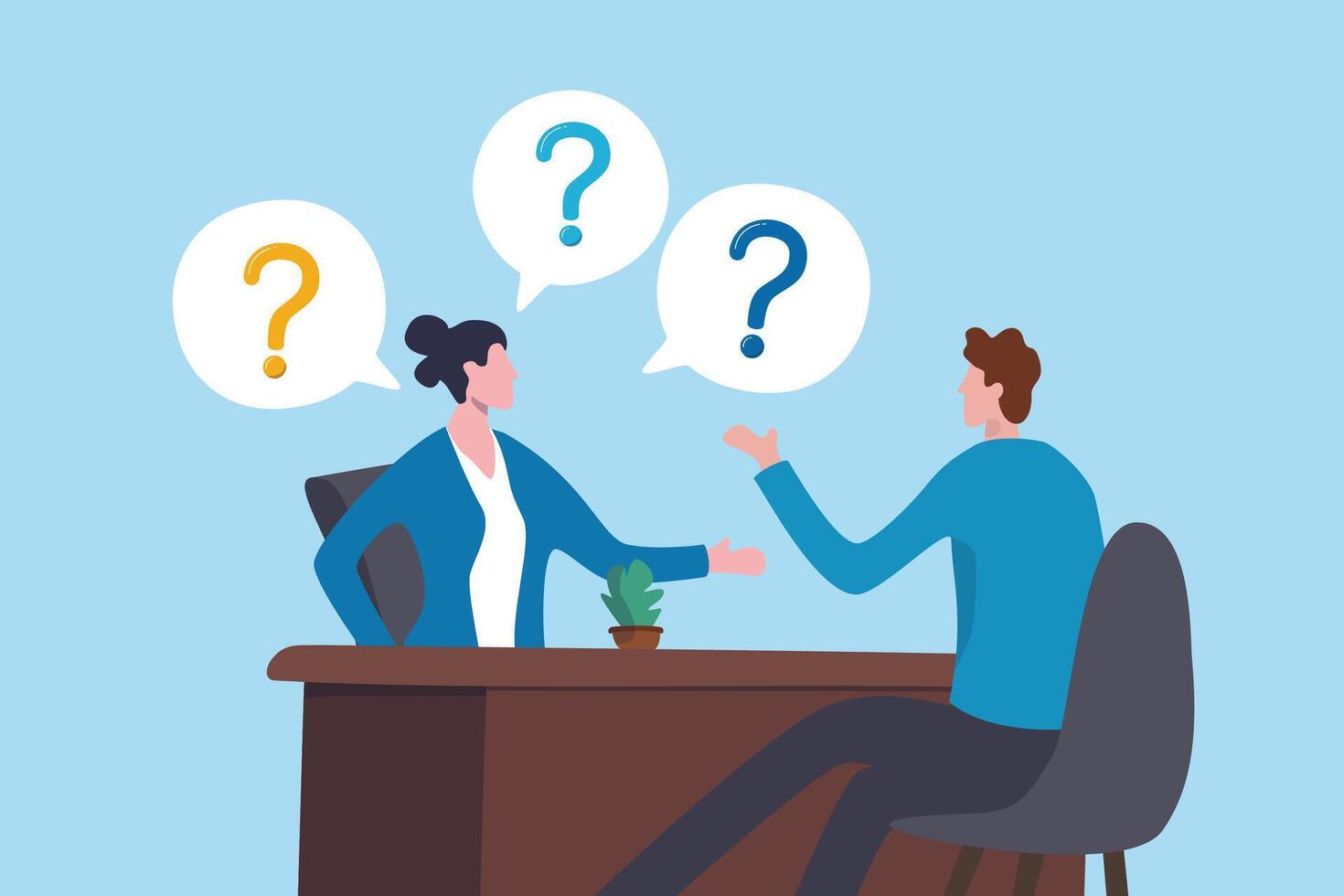 Interview questions, asking job candidate for answers and make decision, communication or challenge hiring recruitment, employment query concept, businesswoman HR asking candidate interview questions. vector
