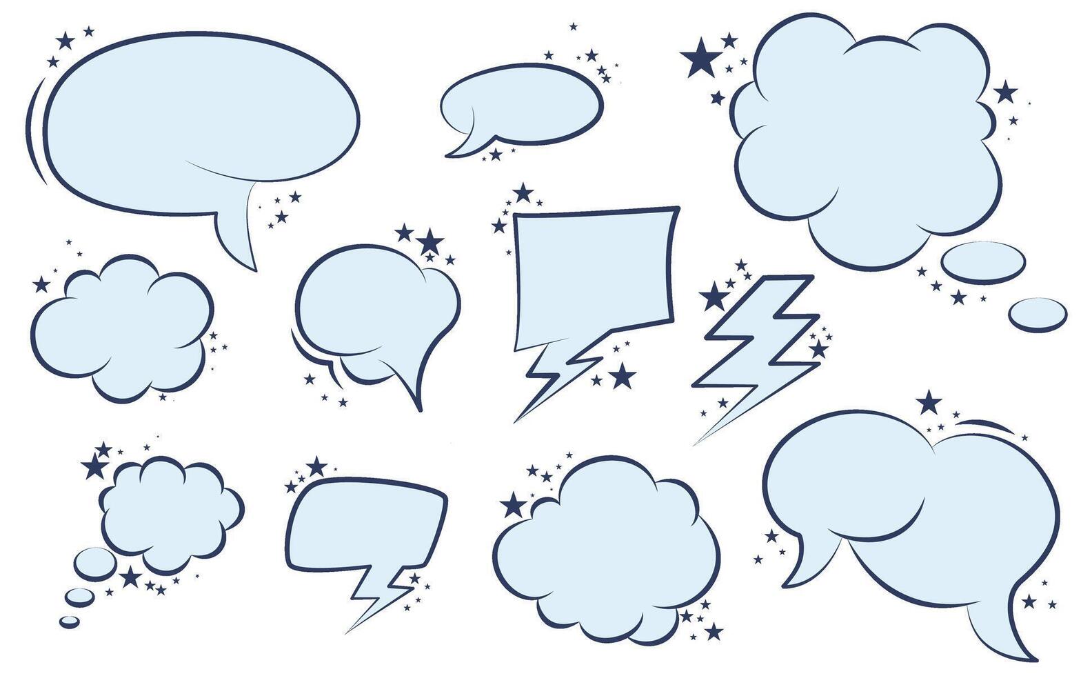 Speech bubbles and shapes with stars. Set of frames for speech, thoughts, and ideas. Soft sky blue comic shapes for text, elements vector
