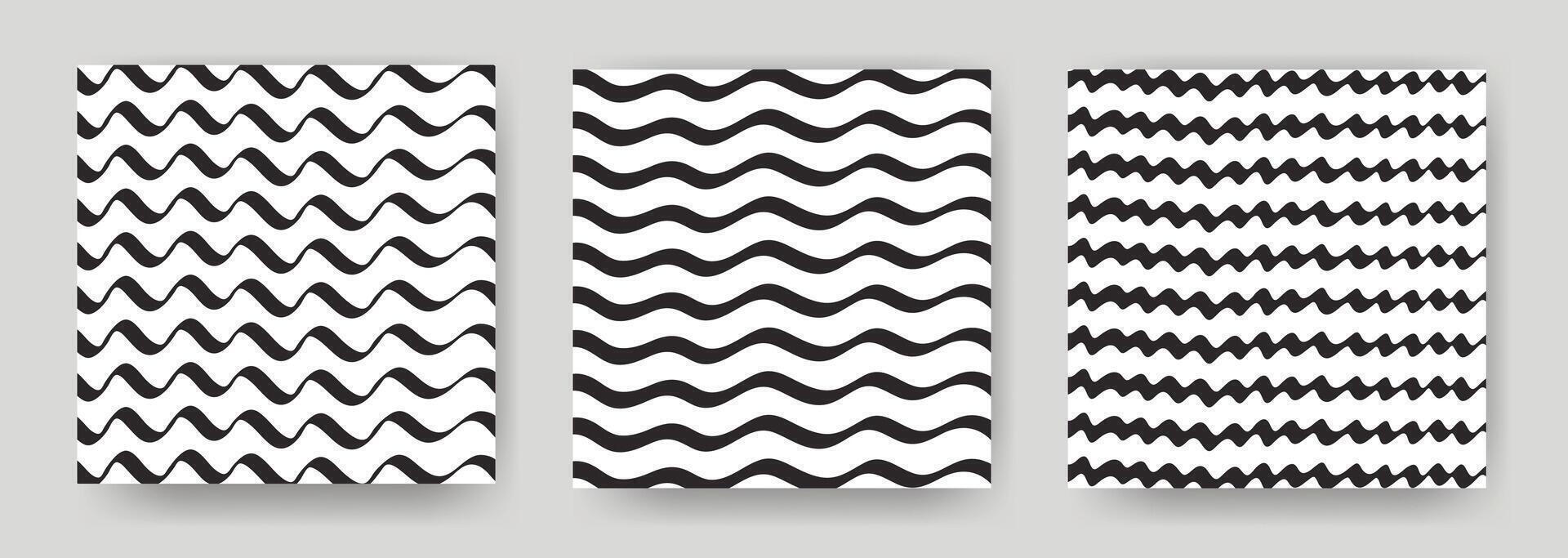 Set of square backgrounds with wavy lines. Repeating horizontal ink waves on white background. Abstract templates, graphics vector