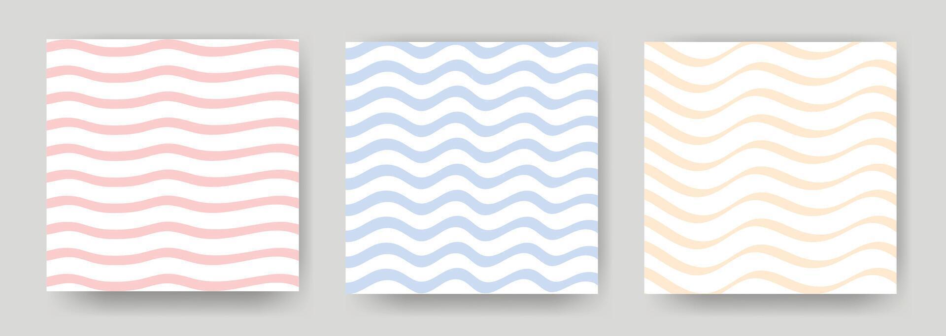 Set of delicate pastel square backgrounds with wavy lines. Repeating horizontal waves of blue, pink and beige on white background. Abstract patterns, graphics vector