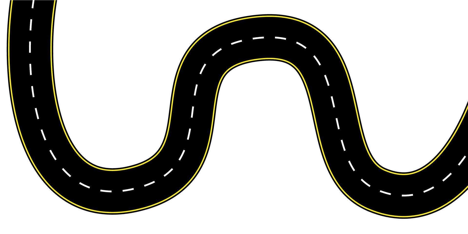 Top view illustration of a curved two lane street with dashed markings winding path and asphalt surface ideal for travel map icons highway graphics route planning and empty roadway vector