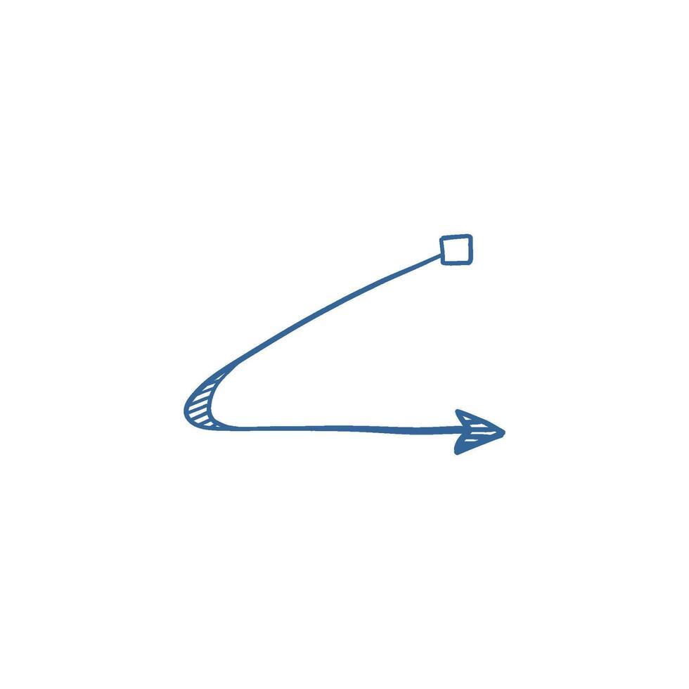 Hand-drawn arrow sketch as blue navigation symbol, freehand graphic pointer for direction and guidance design. vector