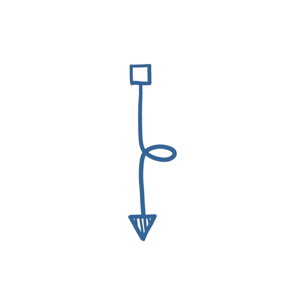 Hand-drawn arrow sketch as navigation blue symbol, freehand graphic pointer for direction and guidance design. vector