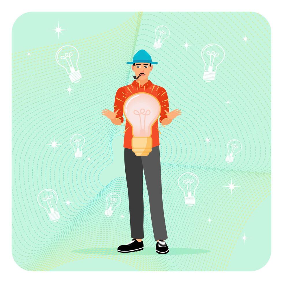 The concept of finding ideas. A smart man holds a light bulb, thinking of a solution to a problem. vector