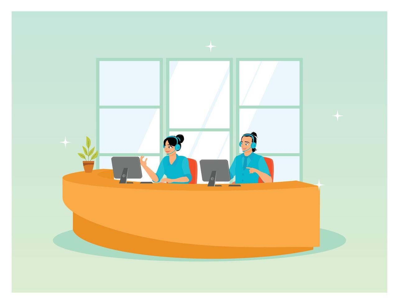Reception Desk With Two Agents at Bright Orange Counter in Modern Office Lobby. vector