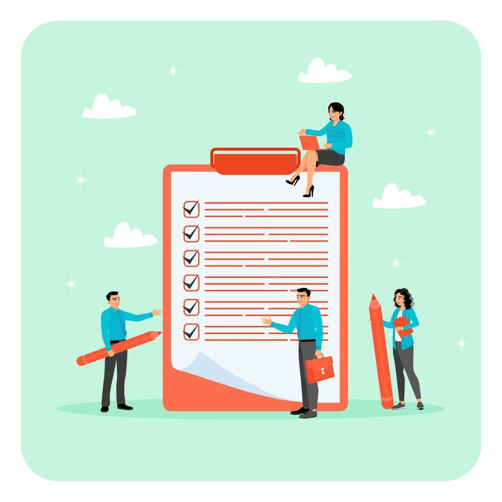 Plan to finish work concept. Business people with Checklist to complete project task. vector