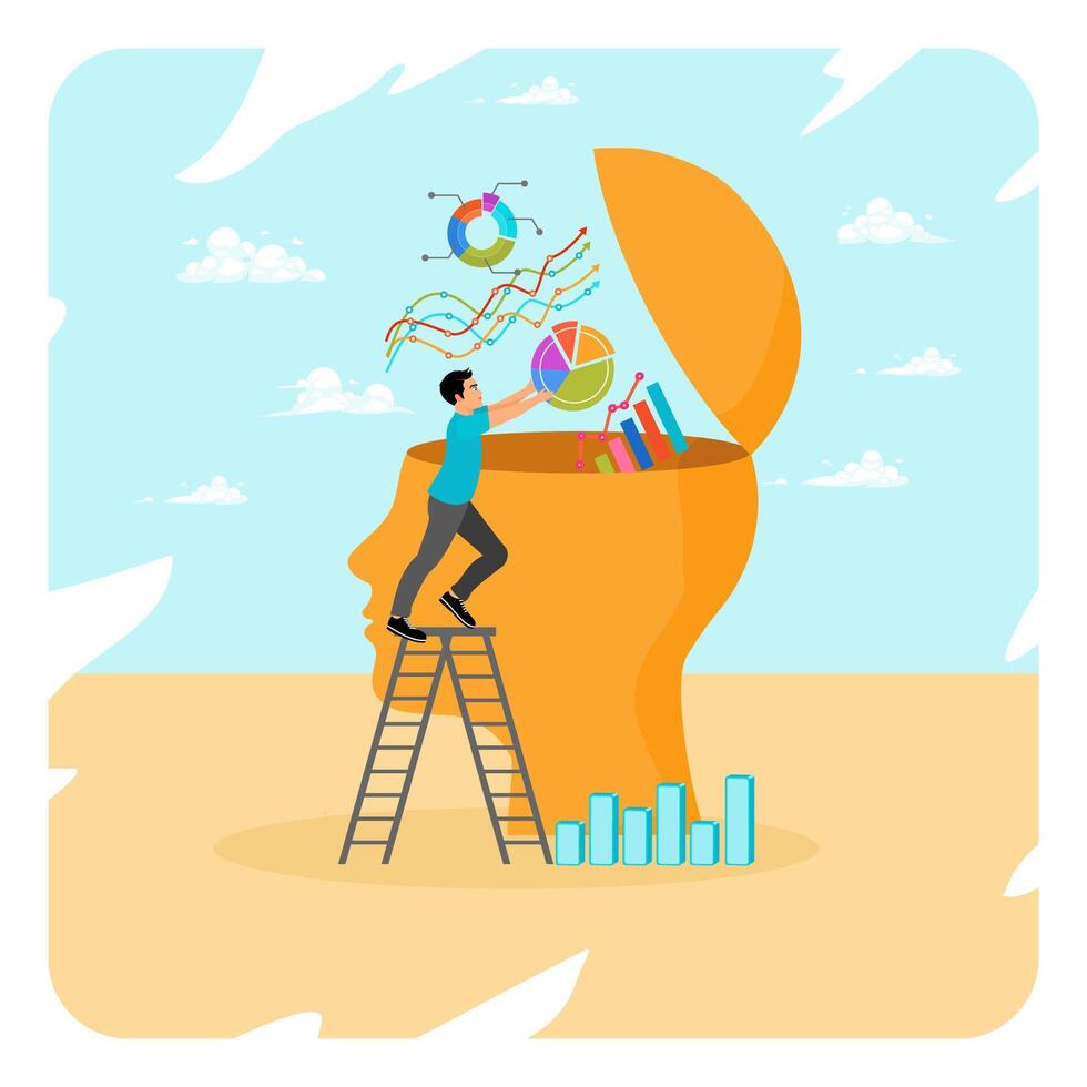 Data scientist concept. A scientist put graph diagram report on human head brain. vector