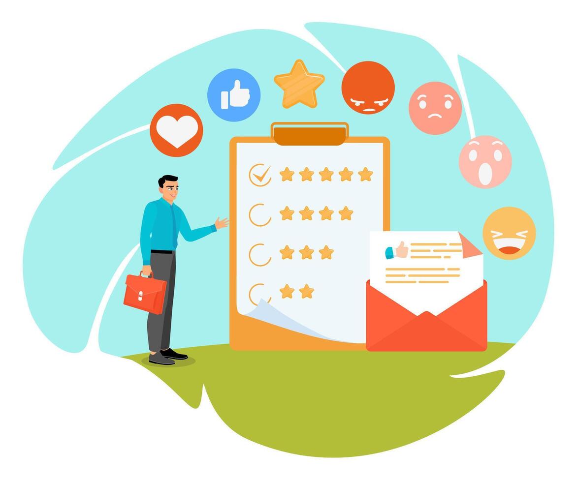 Customer survey concept. Man analyzing user satisfaction report or questionnaire. vector