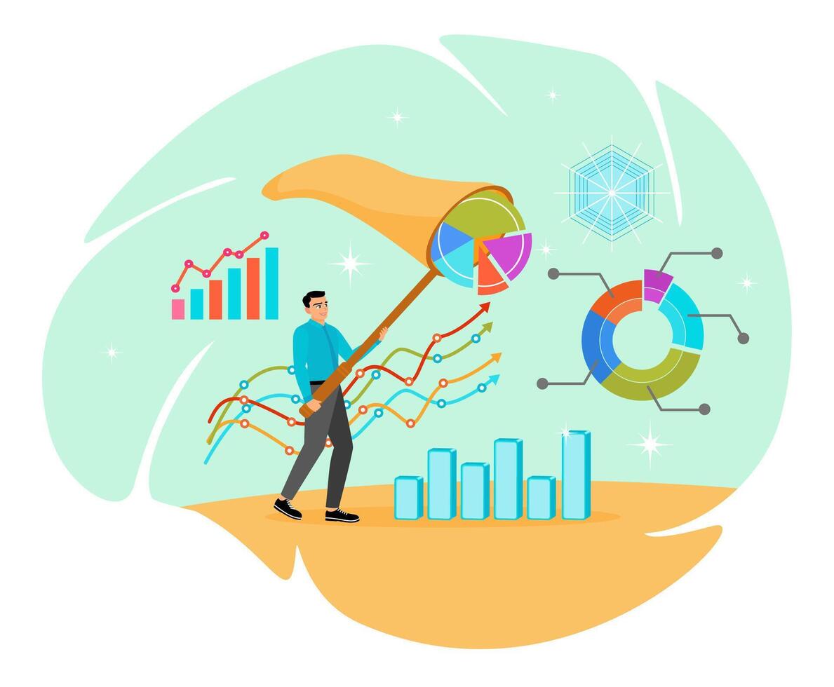 Data collection concept. Businesspeople capture data graphs and charts with butterfly nets . vector