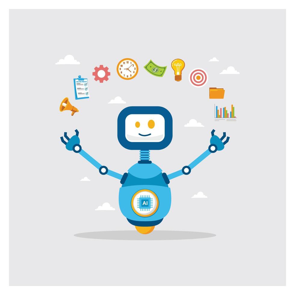 Blue Robot Surrounded by Business and Innovation Icons Illustrating AI Technology Concepts. vector