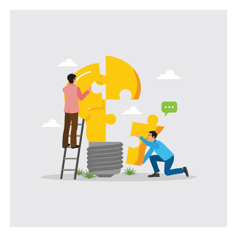 People Assemble Puzzle Pieces To Form A Lightbulb Symbolizing New Idea and Innovation. vector