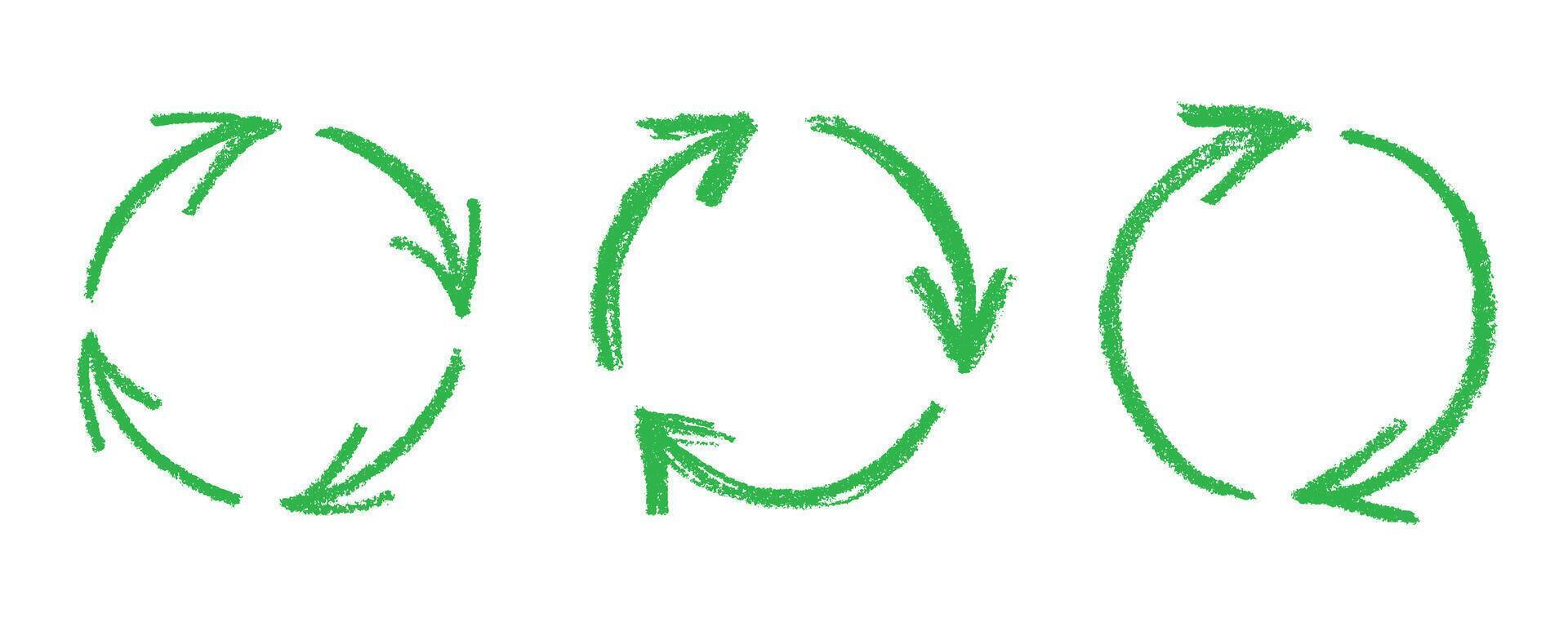 Set of hand drawn recycle arrow icon Recycling resources symbol Reuse of materials, zero waste, green environment, saving the planet doodle pollution vector