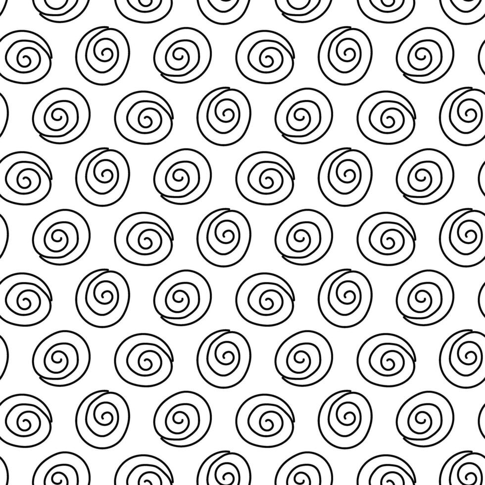 pattern is abstract from a thin line of spirals. Repeating seamless texture of round spirals arranged in a symmetrical pattern. Cute illustration, schematic imitation of roses top view. Circles filled vector