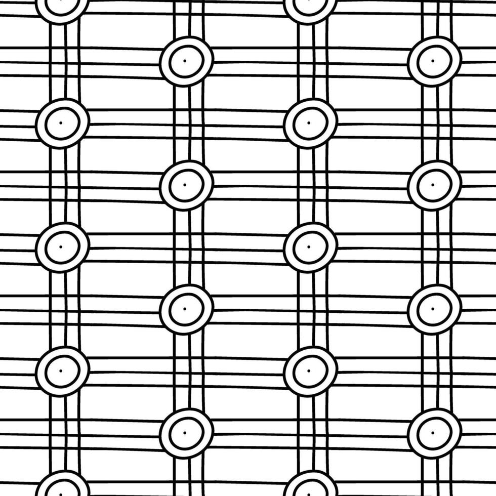 abstract pattern consists of thin lines intersecting stripes and circles. Repeating seamless texture of circles, lines arranged in symmetrical pattern. Woven mesh with round elements. Clear ornament vector