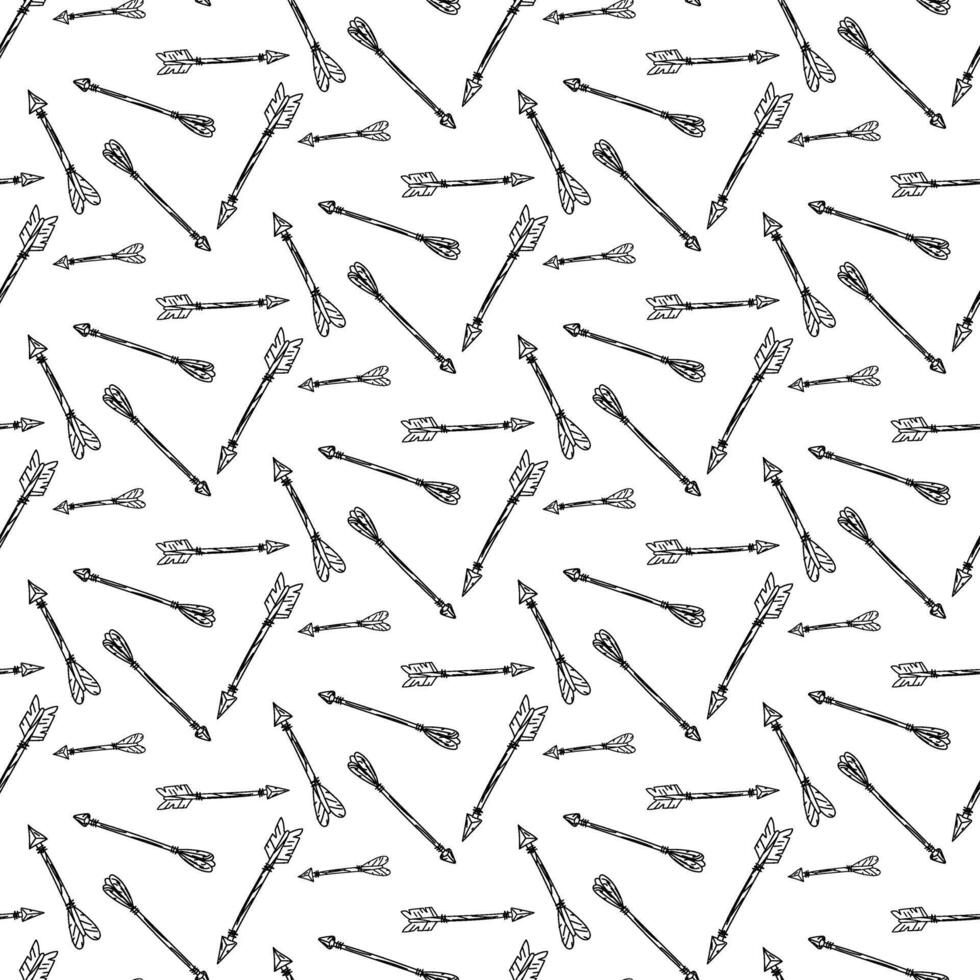 A pattern of wooden arrows, the weapon of native American settlements. Seamless texture in doodle style. Various arrows with sharp tips fly in different directions. It's hunting time. American Indians vector