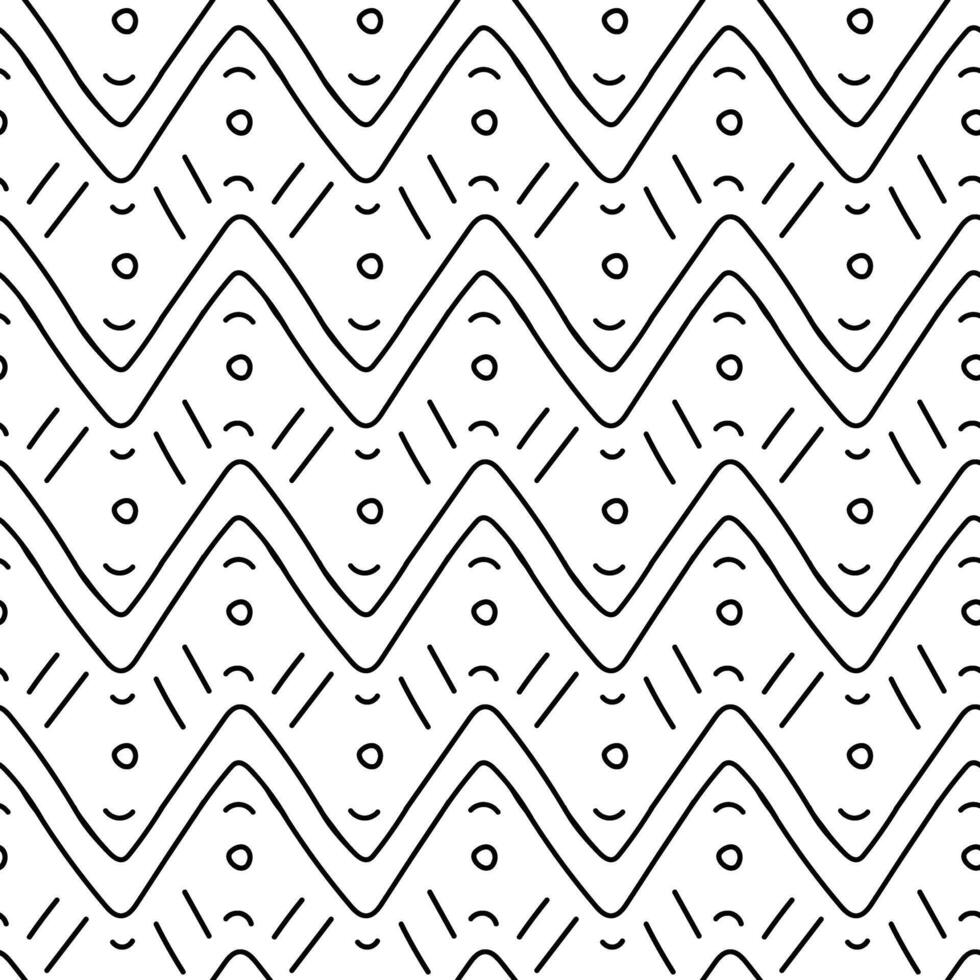 A pattern, a linear ornament of the first American settlers, Indians. Repeating seamless texture of smooth waves with symbols stick, circle. Relief texture. American Indian symbols vector