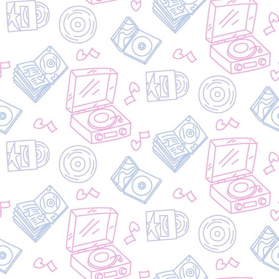 Bright K-pop style design. Seamless texture with bright elements of Korean music trends. Notes with a disc, turntable, plate, disks, albums. Glitter, hearts, a cloud with K-POP style text vector