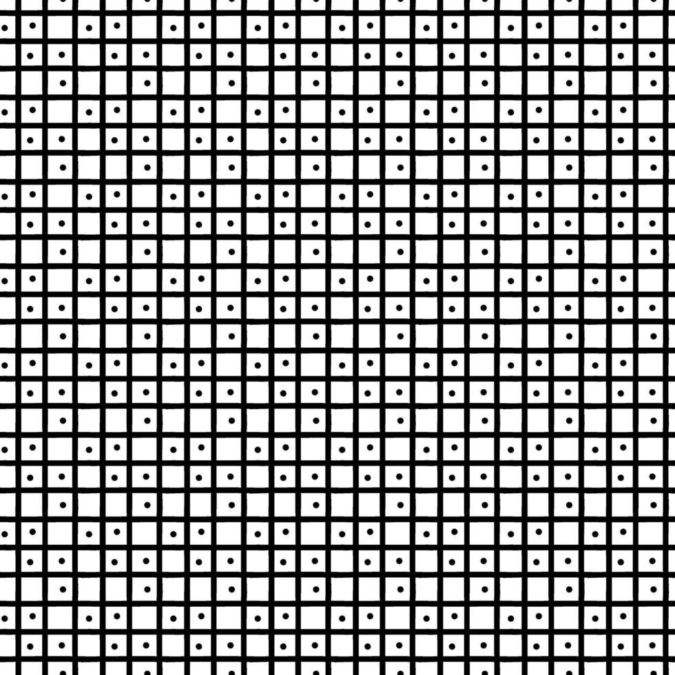 The abstract pattern consists of a thin grid line and dots. Repeating seamless texture of small squares with chaotic dots inside. Woven mesh with elements. Clear ornament for clothes vector