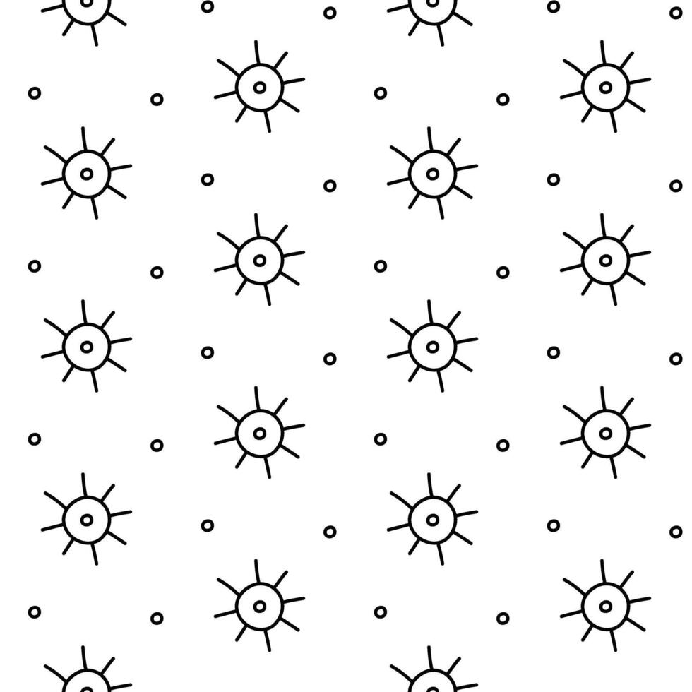 A pattern, a linear ornament of the first American settlers, Indians. Repeating seamless texture of mini suns in circles. Relief texture. American Indian symbols vector