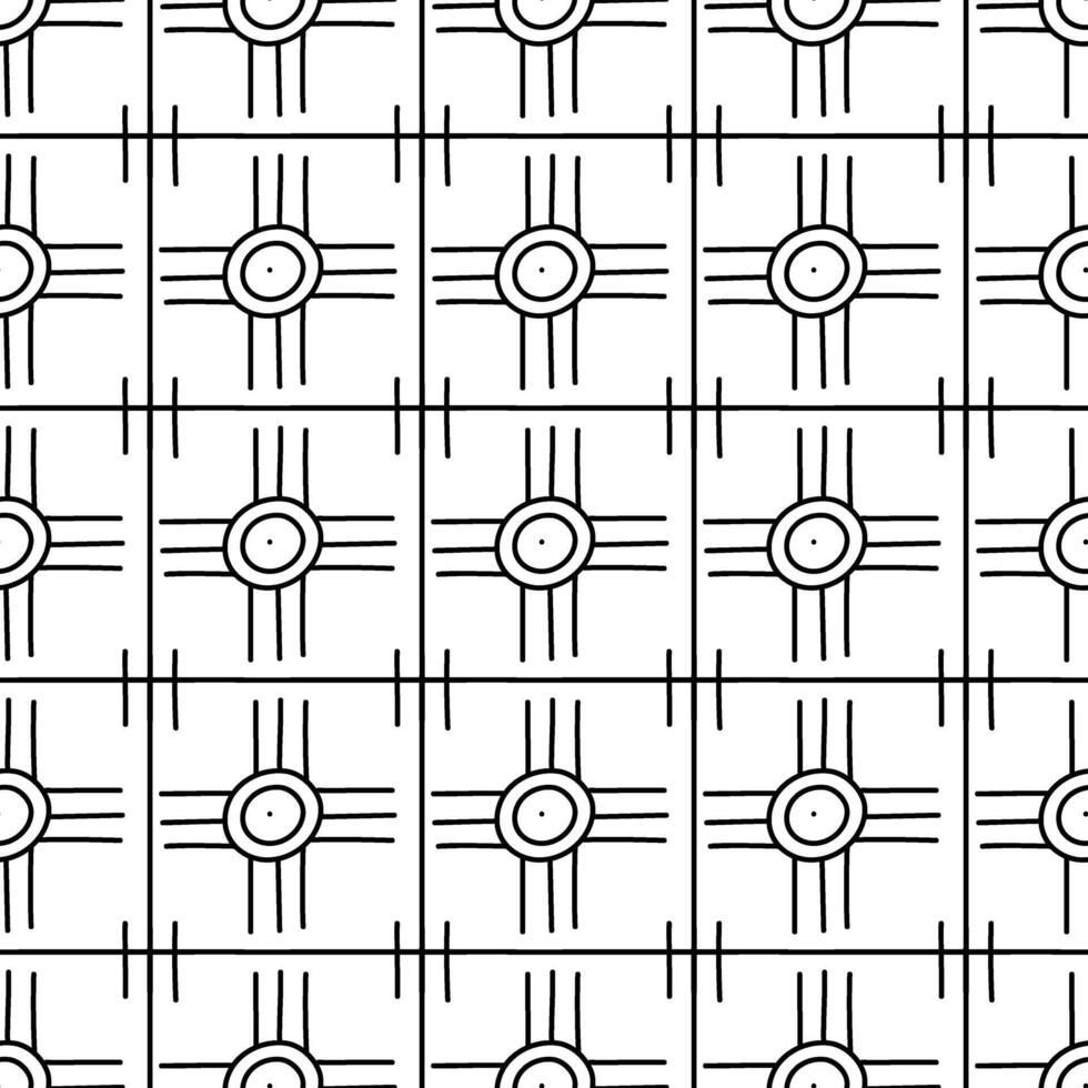 abstract pattern consists of thin line of stripes and circles. Repeating seamless texture of circles, lines in squares arranged in a symmetrical pattern. Woven mesh with round elements. Clear ornament vector