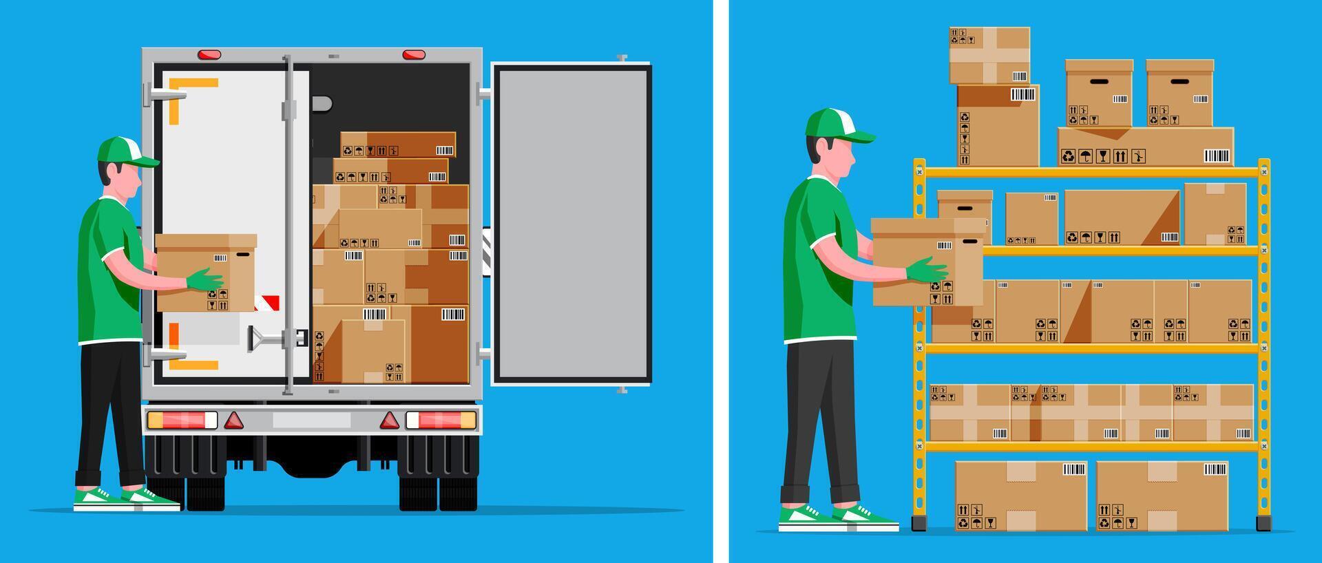 Shipping and logistics worker handling boxes vector