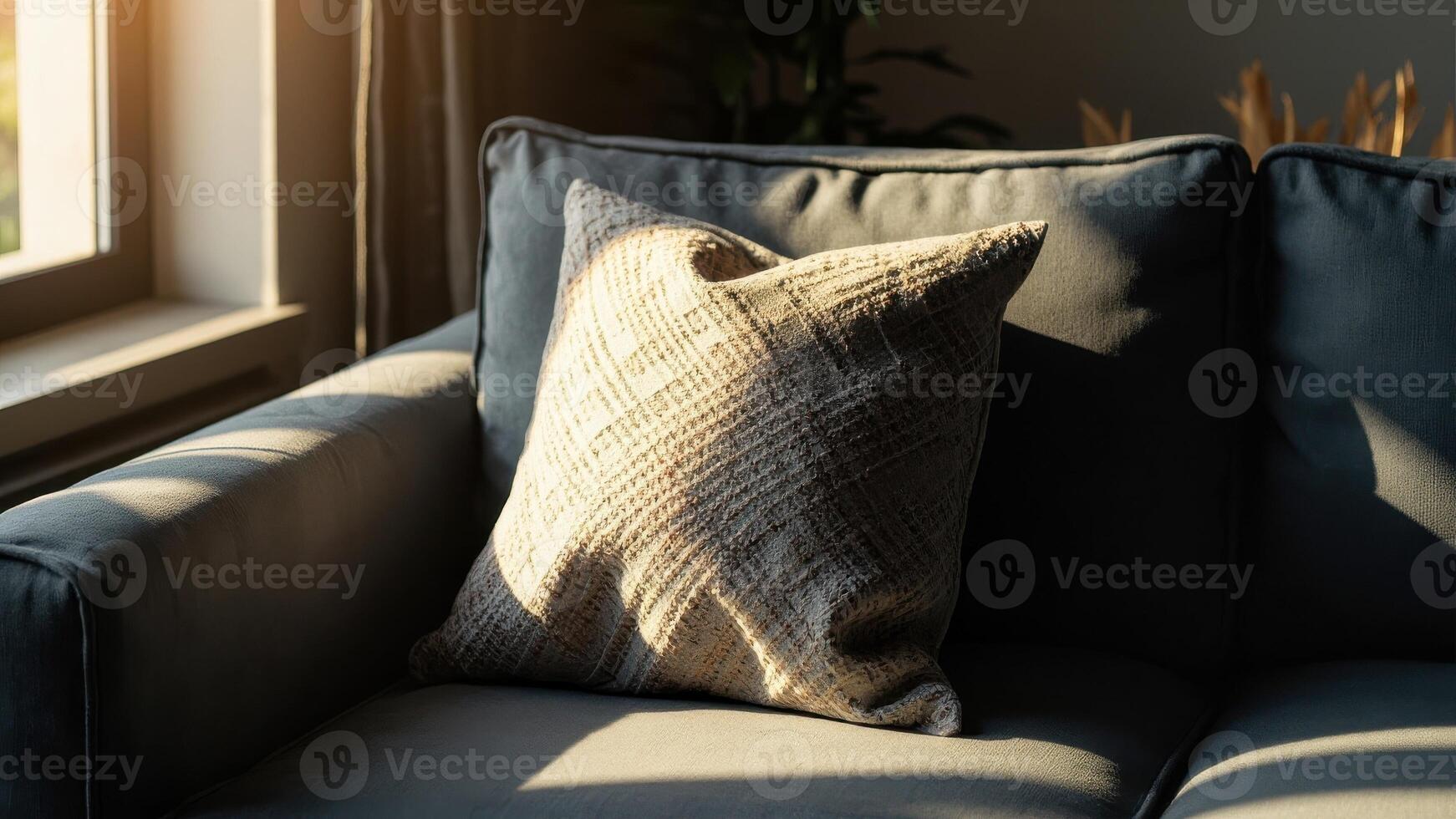 Close-up of a textured beige patterned cushion placed on a dark colored sofa illuminated by natural sunlight from a window. photo