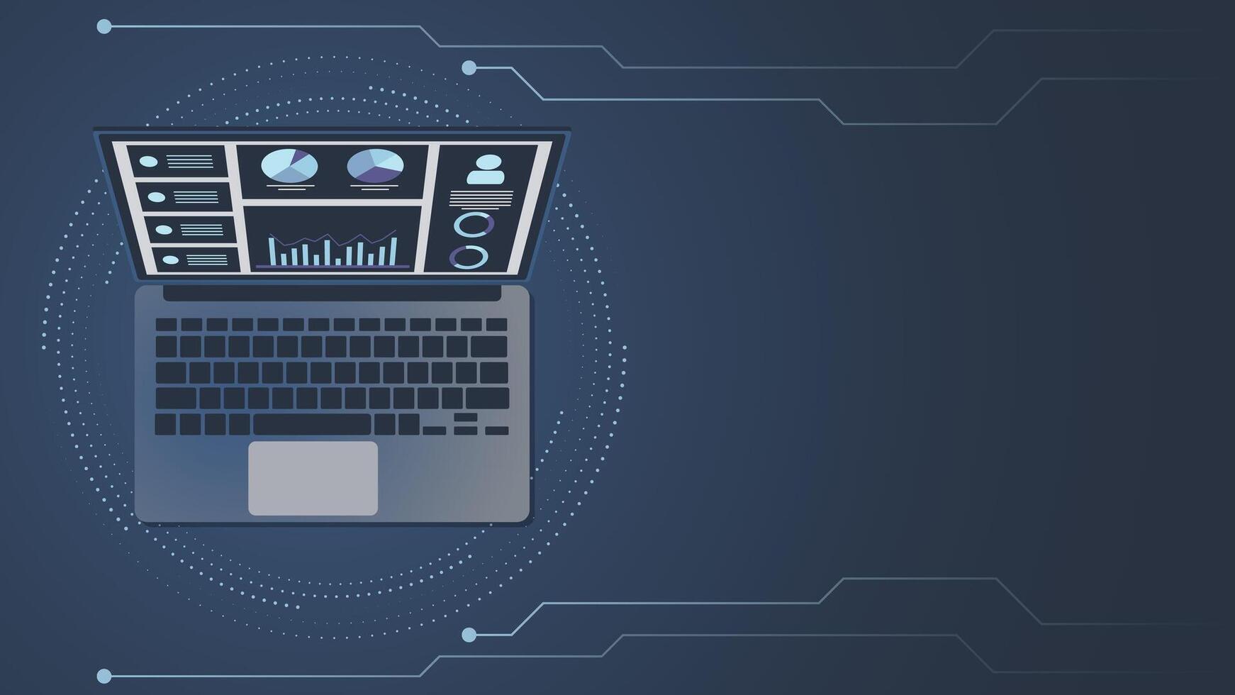 Modern illustration of a laptop displaying analytics dashboard with charts and graphs on a digital background, perfect for business, finance, data, and technology projects vector