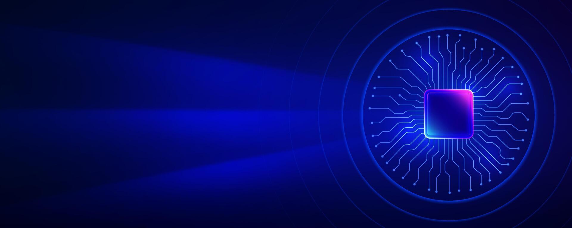 Futuristic circuit board with glowing processor on a blue background vector