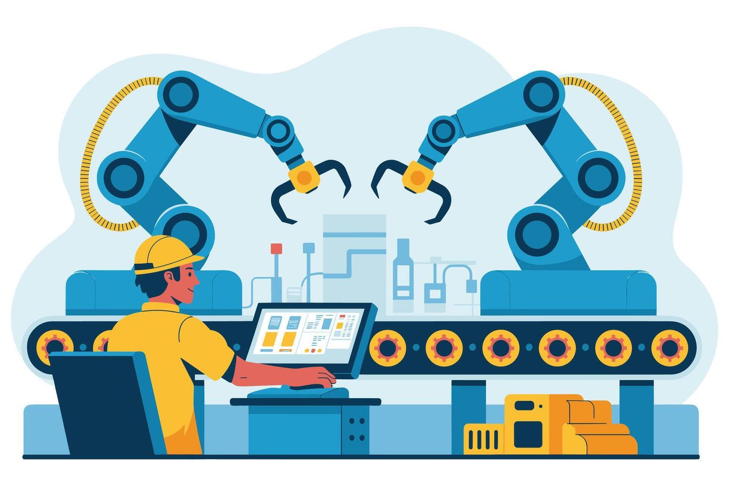 An illustration of a man working on a computer with two robots vector