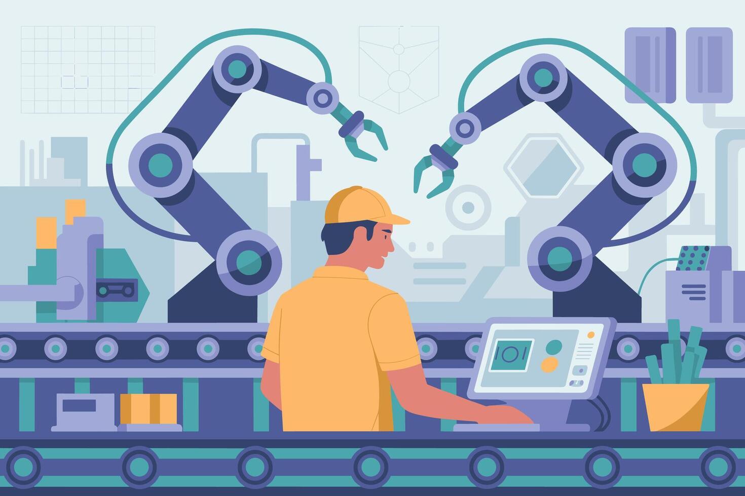 un ilustración de un hombre trabajando en un computadora con robots vector