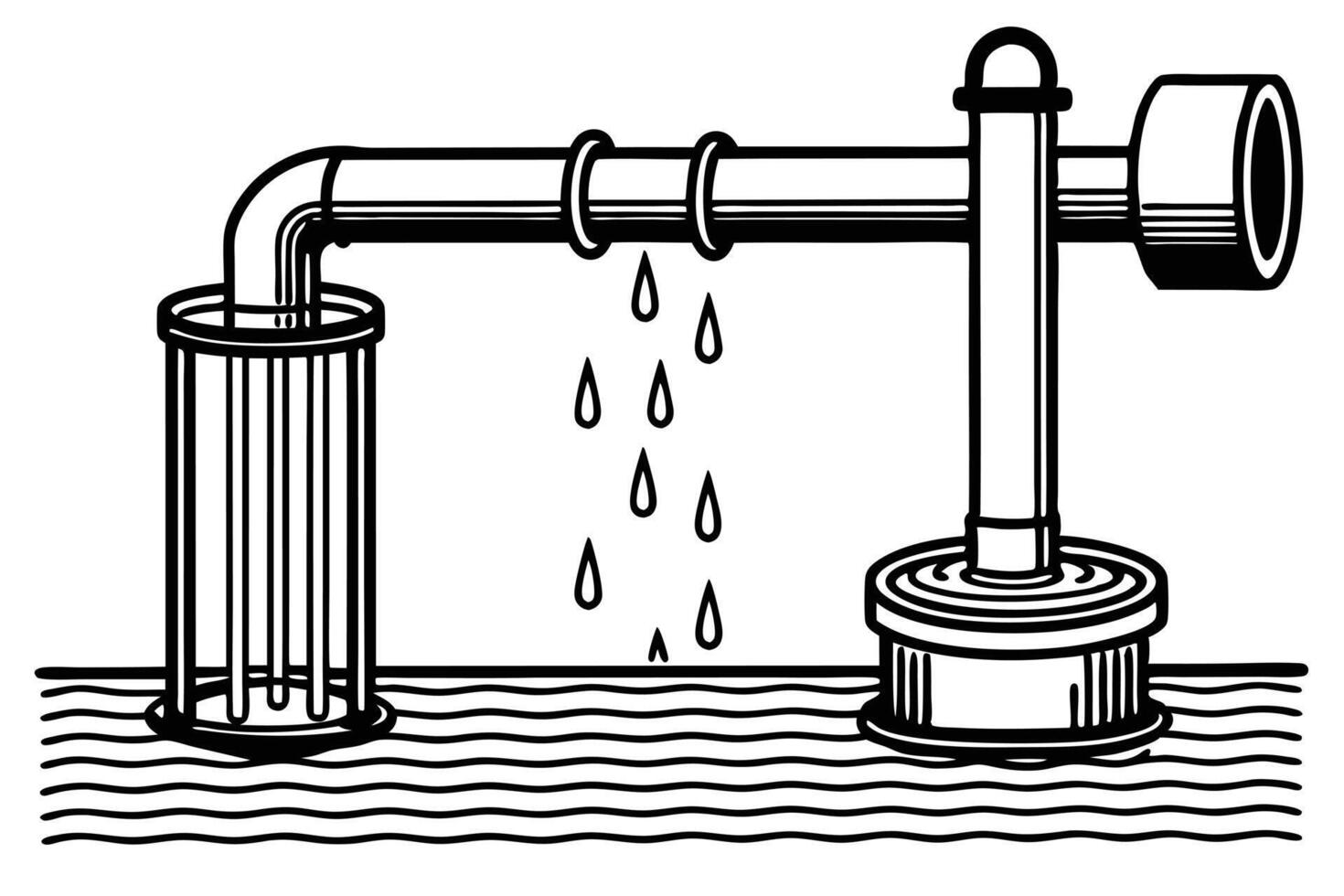 Simple Line Drawing Illustrating Water Pumping System Pipeline, Filter, and Leaking Pipe in a Serene Aquatic Setting vector