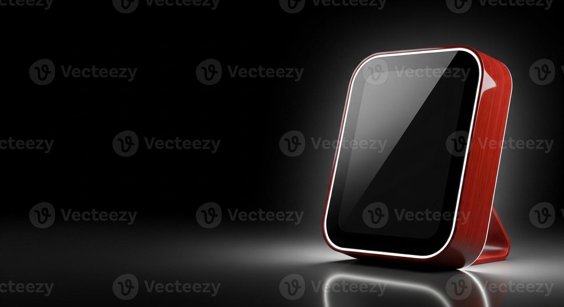 Modern Red Smart Display Mockup with Sleek Design on Dark Background. Device Technology Product Shot for Online Store Advertisement. photo