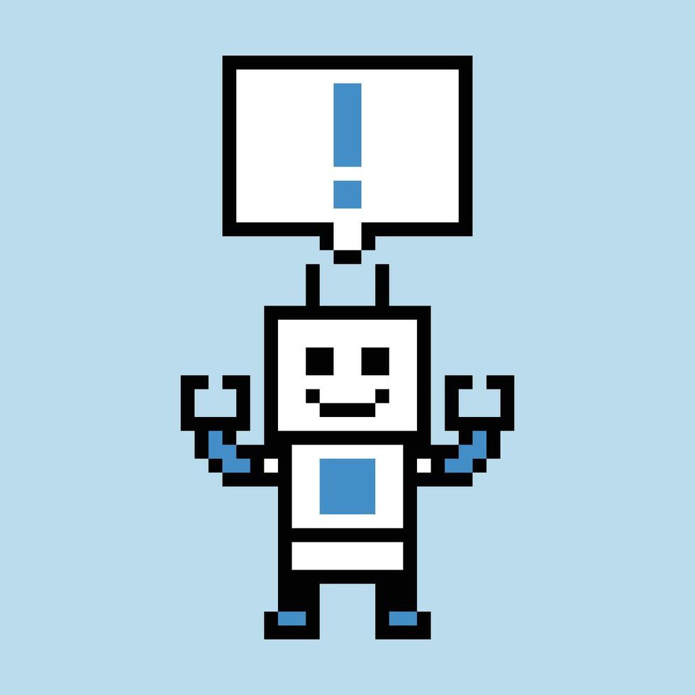 Design of AI robot machine learn chat bot exclamation mark alert 8 bit game. vector