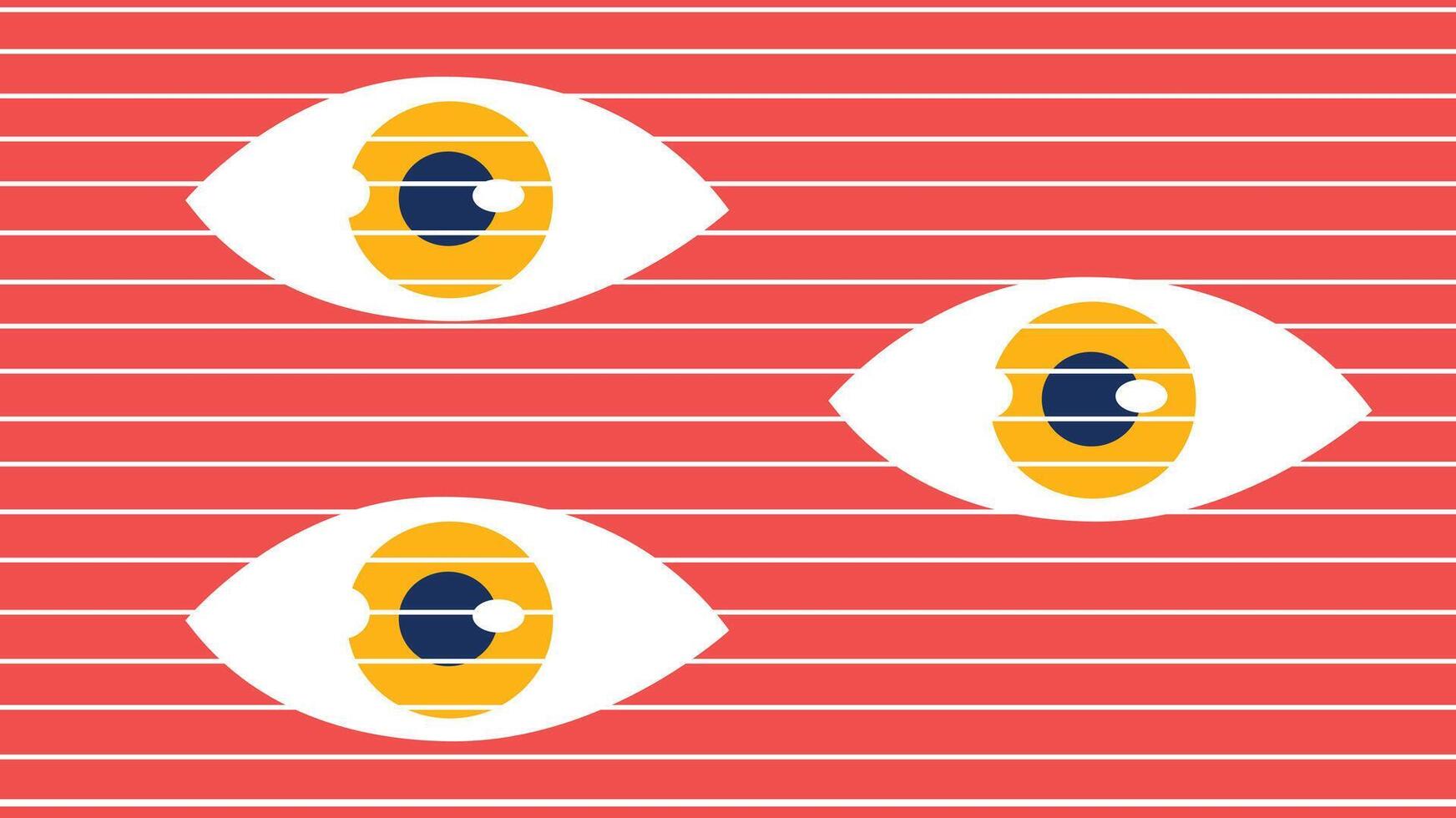 Three surreal eyes on red striped minimal abstract background vector
