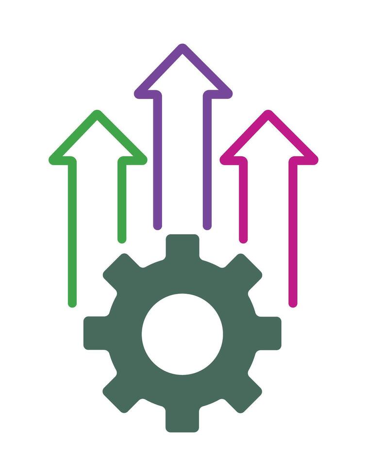 Operational efficiency and performance improvement icon. A gear with multiple upward arrows symbolizing process optimization and productivity growth. vector