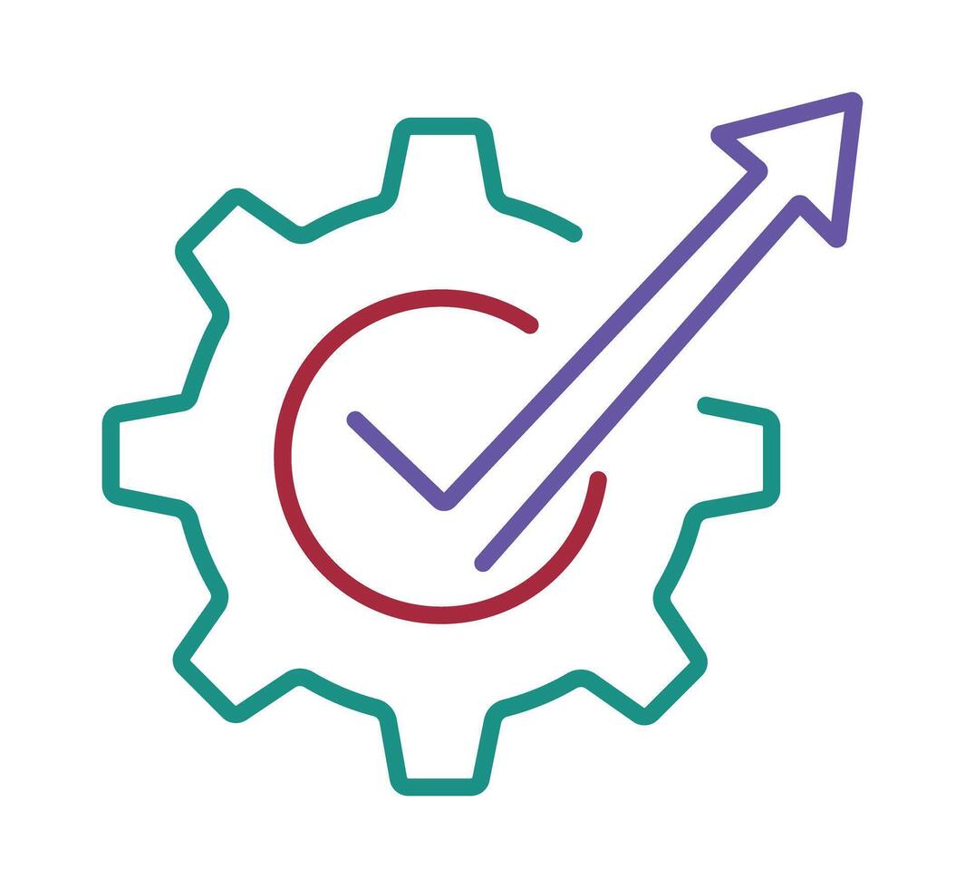 Process improvement and operational excellence icon. A gear with a check mark and a growth arrow symbolizing workflow optimization. vector