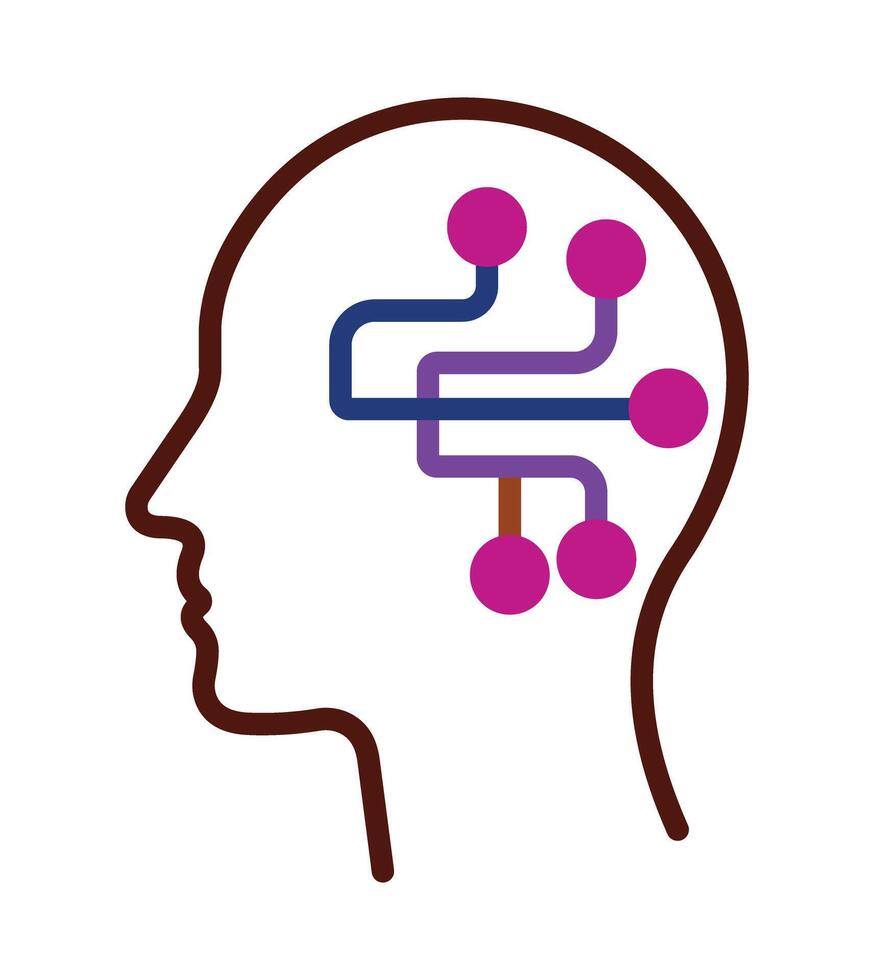 Artificial Intelligence and machine learning icon. Human head with a digital brain circuit, symbolizing AI and a neural network. vector