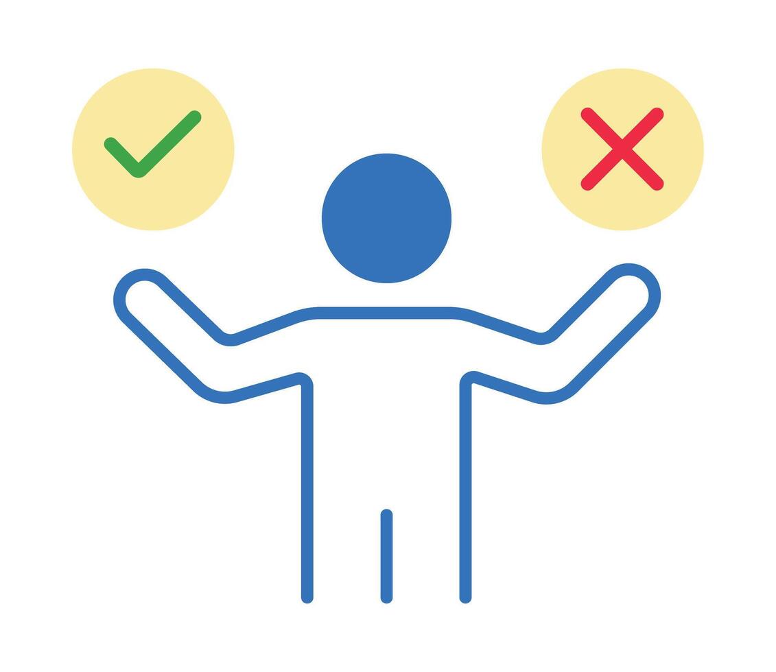 A person making a choice between a check mark and a cross. An icon for decision-making, evaluation, and weighing options. vector