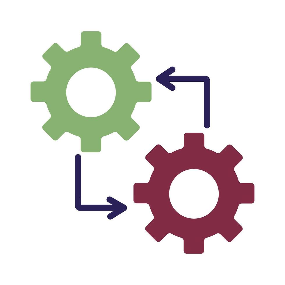 Workflow integration icon with two gears and connecting arrows. A symbol for process automation, system interaction, and data synchronization. vector