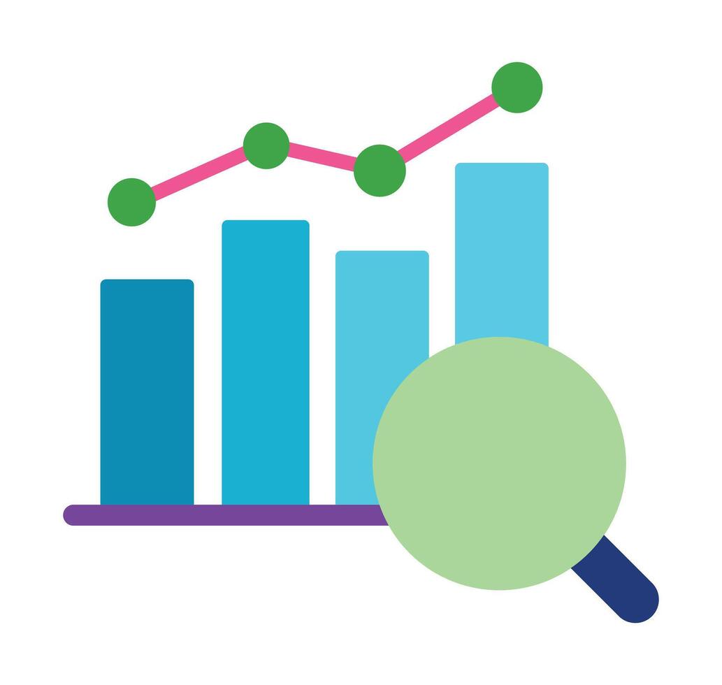 Colorful data analysis icon with a bar chart and magnifying glass. Symbol for business analytics, market research, and financial reports. vector
