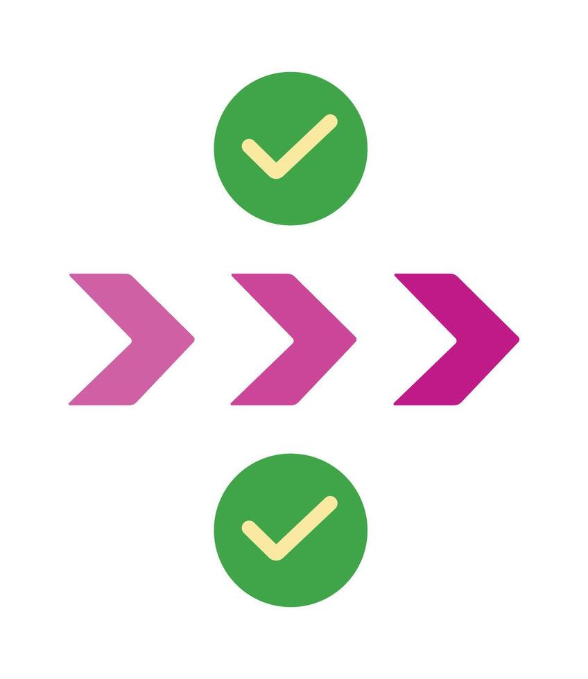 Step-by-step process icon with arrows and approval check marks. Represents a successful workflow or task completion. vector