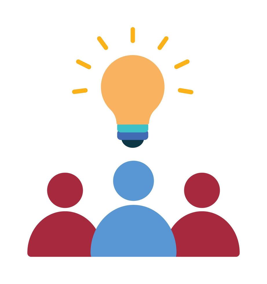 Team brainstorming and creative idea icon. A group of people with a shining light bulb symbolizing collaboration and innovation. vector