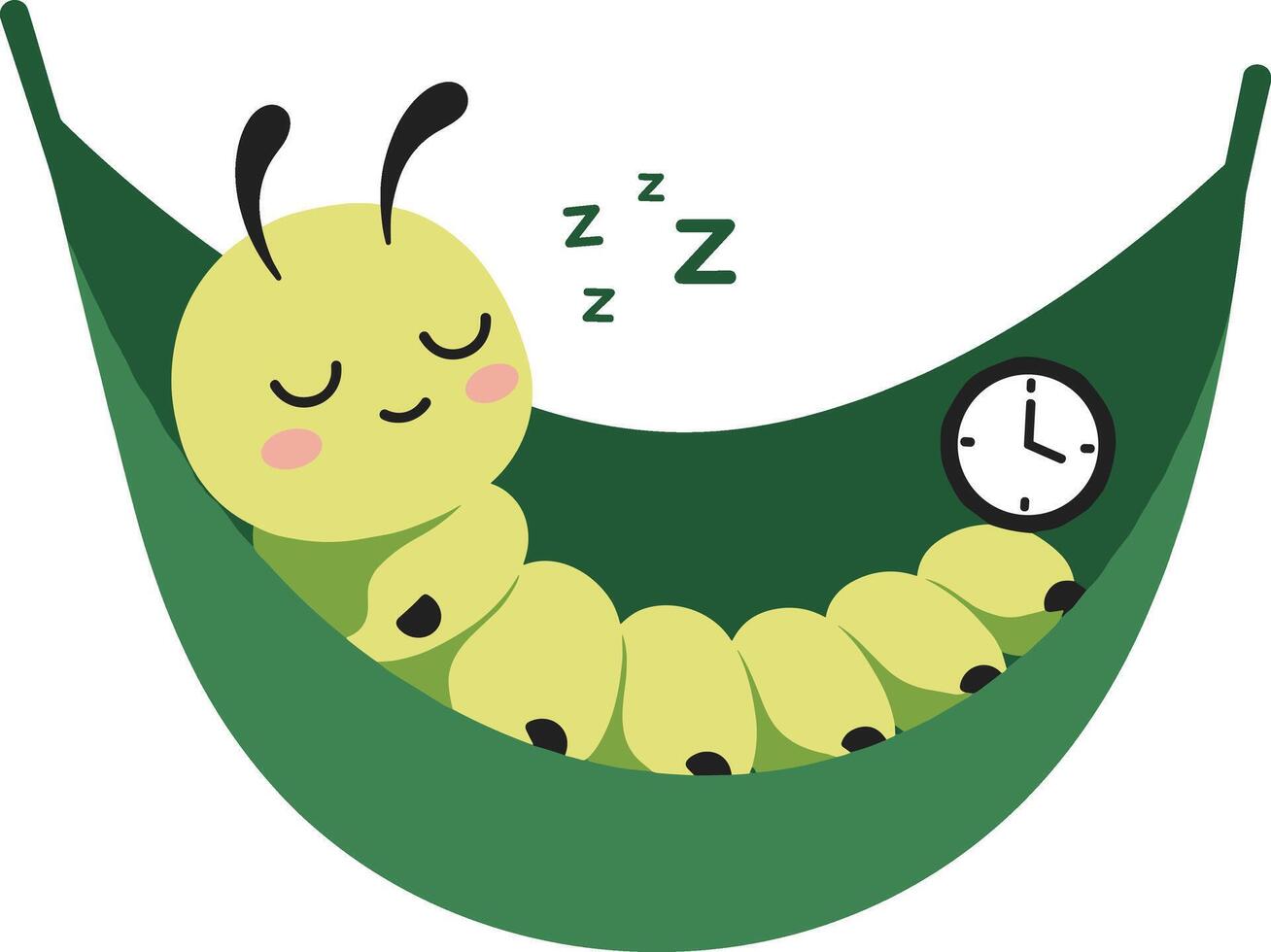 A caterpillar sleeping in a hammock with a clock vector