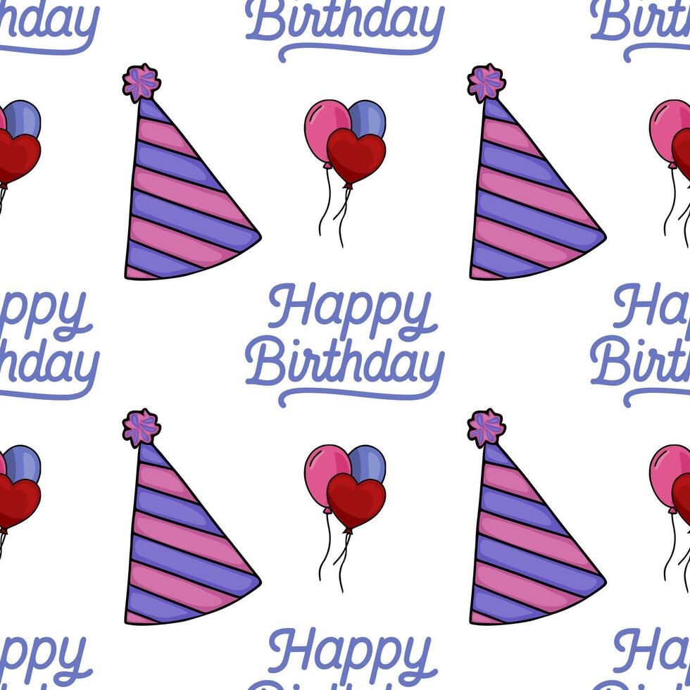 Seamless pattern featuring a playful design with purple and pink striped party hats, heart-shaped balloons, and the phrase Happy Birthday in a stylish script font, perfect for festive cele... vector