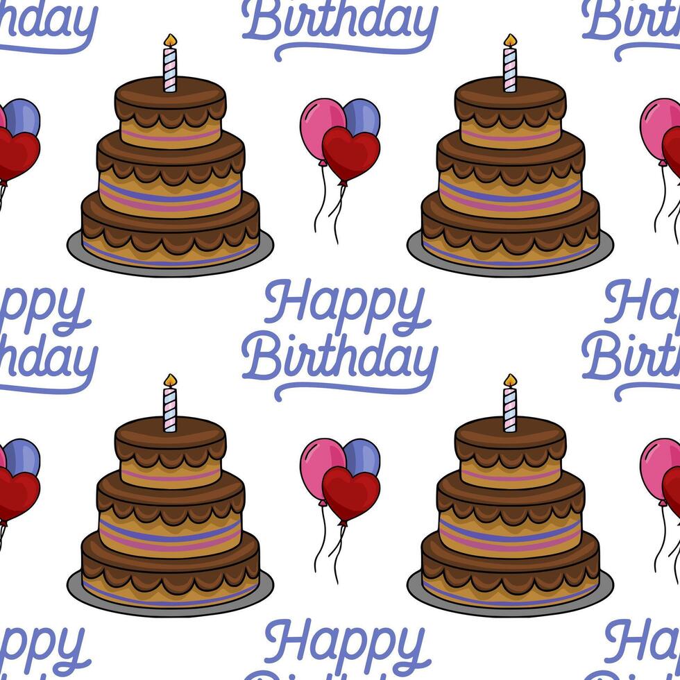 Seamless pattern featuring a delightful two-layered chocolate birthday cake with a candle, accompanied by pink, blue, and red heart-shaped balloons and a cheerful Happy Birthday script. vector