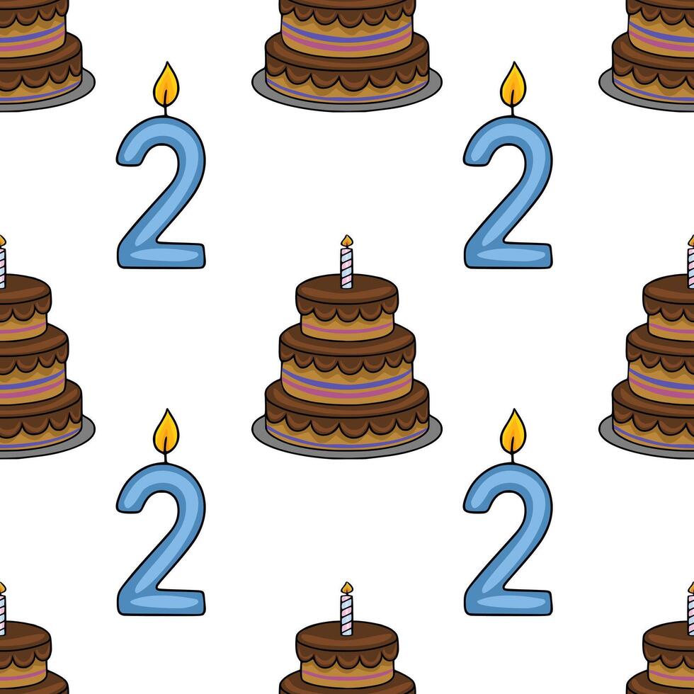 Seamless pattern featuring a playful design of two-tiered chocolate cakes with number two candles, perfect for birthday invitations or festive backgrounds. vector