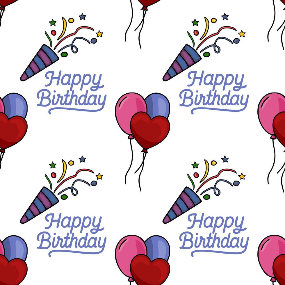 Seamless pattern featuring hand-drawn style birthday elements balloons in heart shape and round forms, party poppers, and a playful Happy Birthday script. vector