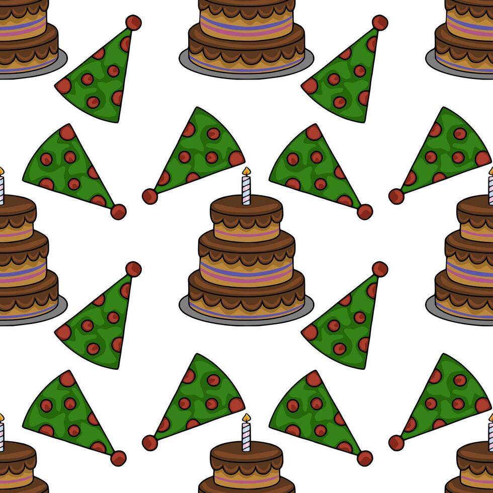 Seamless pattern featuring a playful design of chocolate layer cakes with candles and green party hats adorned with red polka dots, perfect for festive celebrations. vector