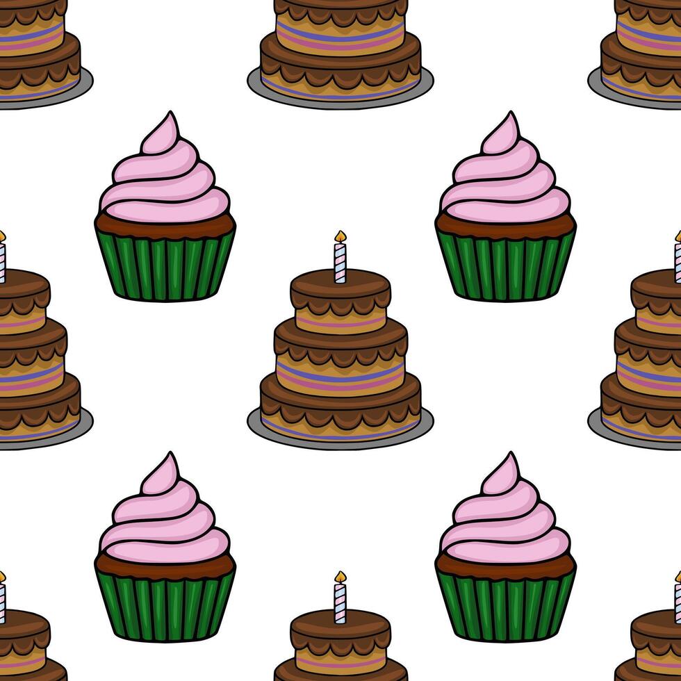 Seamless pattern featuring delightful cupcakes with pink frosting and two-tiered chocolate cakes with a single candle, creating a cheerful and festive birthday design. vector