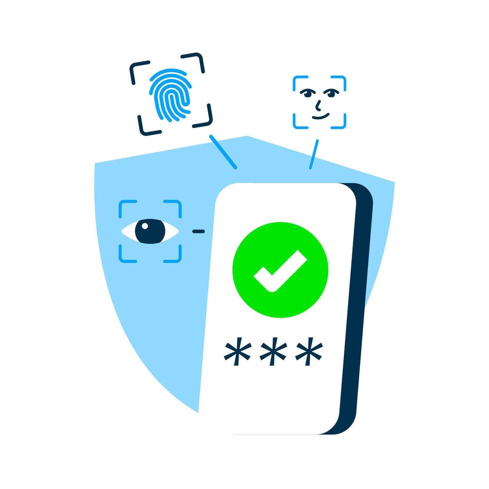 illustration of smartphone with check mark, password field, biometric security icons. Concept of trusted device, secure login, data protection, cybersecurity, modern authentication technology vector